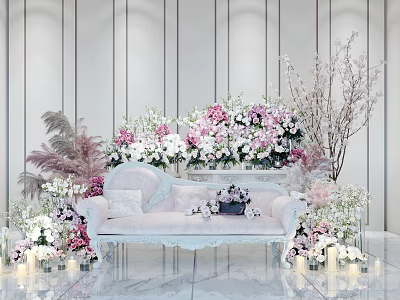 Elegant Floral Art Decoration With White Sofa Various Flowers Green Plants And Candles 3d model