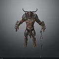 Horned Demon Warrior Character With Muscular Body Spiked Armor And Sharp Sword