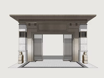 Classic Entrance Gate with Metal Grille Gates Stone Pillars Ornate Cornice and Stone Paved Ground 3d model