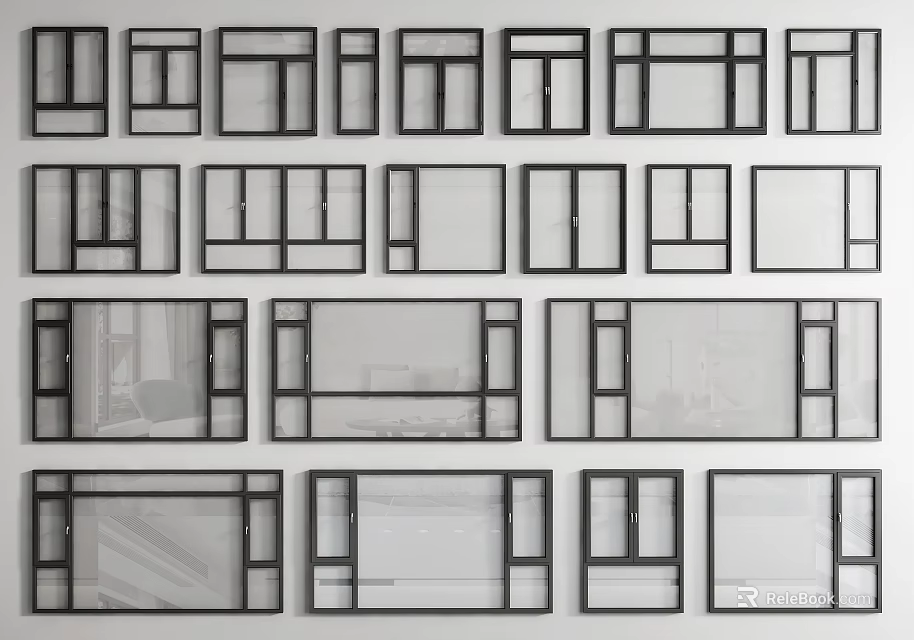 Various Window Frames In Different Styles Arranged On Wall 3d model