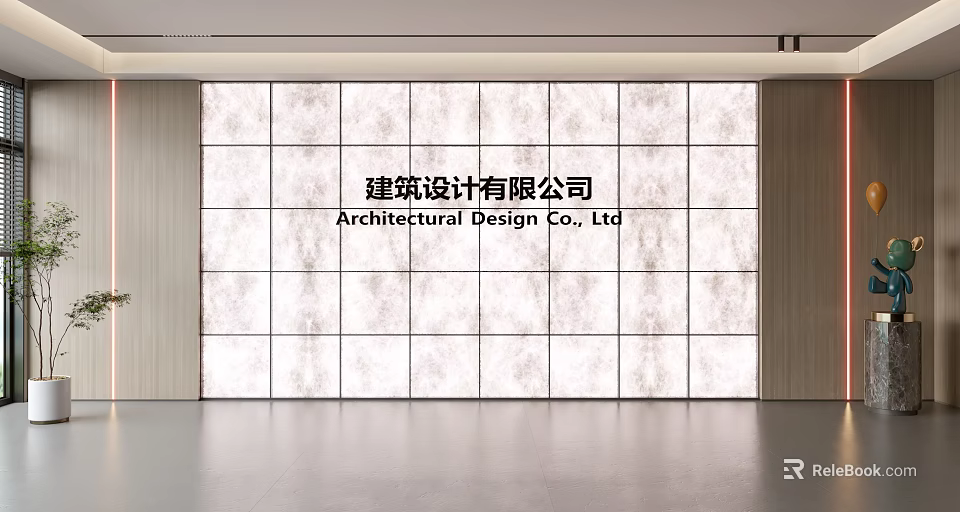 Modern Architectural Design Company Background Wall With Stone Panel Grid Pattern In Office Exhibition Hall 3d model 