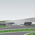 Modern Museum Building With Curved Roof And Landscaped Green Lawns And People Walking