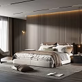 Modern Bedroom Interior With Wooden Paneling Bed Linen Accent Chair Rug And Pendant Lights