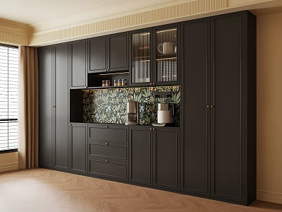 Modern Dark Gray Wine Cabinet With Glass Doors Display Shelves Patterned Backsplash And Wooden Flooring 3d model