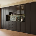 Modern Dark Gray Wine Cabinet With Glass Doors Display Shelves Patterned Backsplash And Wooden Flooring
