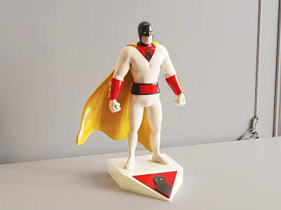 Superhero Action Figure with Black Helmet White Body Red Belt Yellow Cape on White Base 3d model