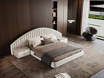 Modern White Double Bed With Arched Headboard Wooden Wall Nightstands And Gray Carpet 3d model