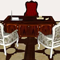Wooden Office Desk With Laptop Phone Red Chair And Patterned Seats On Geometric Floor