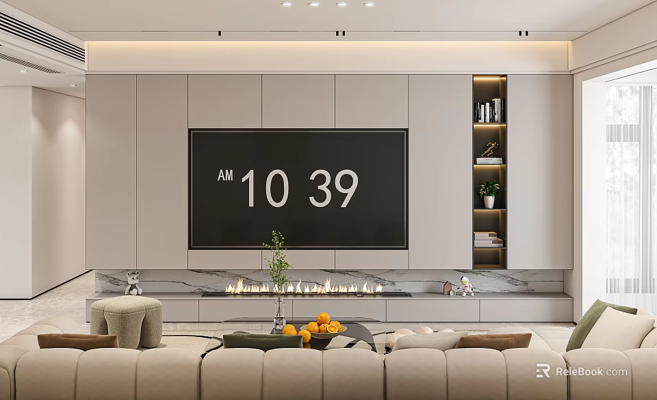Modern Minimalist Cream Tone Living Room With Custom TV Wall And Cozy Contemporary Interior Design 3d model 