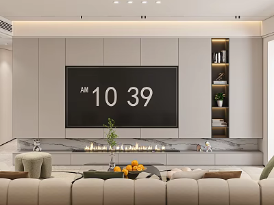 Modern Minimalist Cream Tone Living Room With Custom TV Wall And Cozy Contemporary Interior Design 3d model