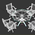 Hexagonal Entertainment Table With Black Leather Chairs And Playing Cards On Wooden Legs