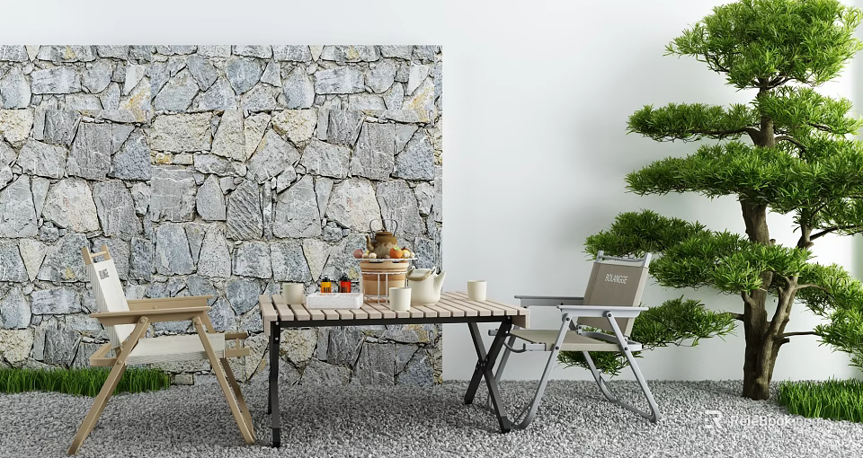 Garden Courtyard With Stone Wall Wooden Table And Foldable Chairs Potted Plants On Gravel Ground 3d model 