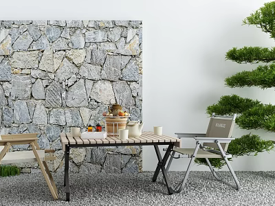 Garden Courtyard With Stone Wall Wooden Table And Foldable Chairs Potted Plants On Gravel Ground 3d model