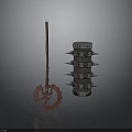 Rustic Metal Polearm With Circular Blade And Multi Layered Spiked Mace On Gray Background