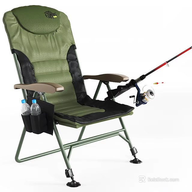 Green Black Outdoor Chair with Armrests Fishing Rod Holder Side Pocket and Water Bottles 3d model 