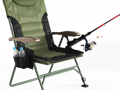 Green Black Outdoor Chair with Armrests Fishing Rod Holder Side Pocket and Water Bottles 3d model