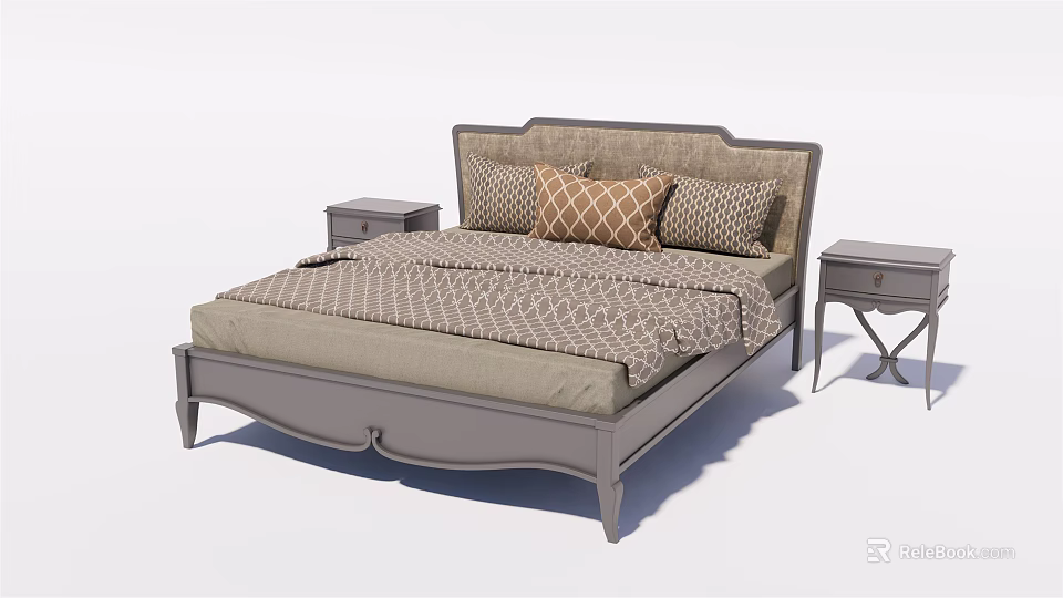 Double Bed with Upholstered Headboard Geometric Bedspread and Matching Nightstands 3d model