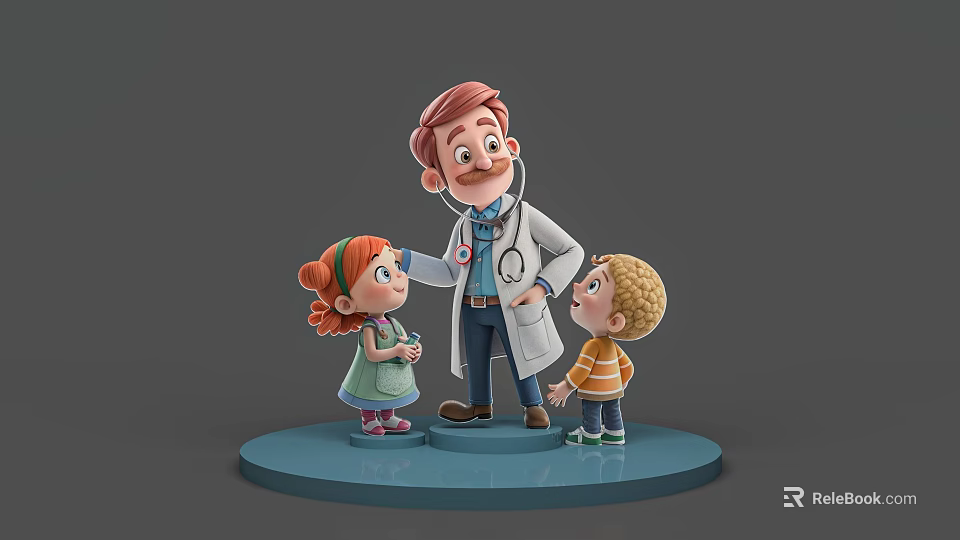 Doctor with Stethoscope and Two Children Interacting in Friendly Medical Scene 3d model 