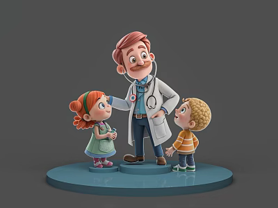 Doctor with Stethoscope and Two Children Interacting in Friendly Medical Scene 3d model