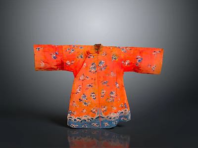Traditional Chinese Orange Robe With Floral Patterns And Blue Wave Trim 3d model
