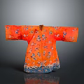 Traditional Chinese Orange Robe With Floral Patterns And Blue Wave Trim