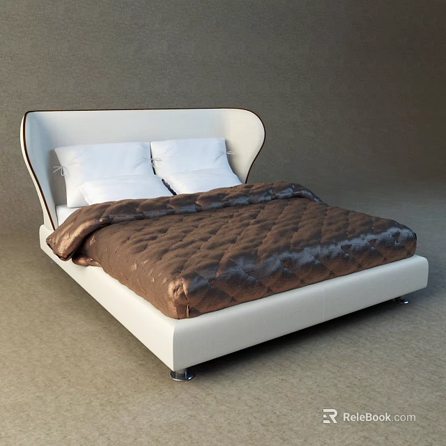 Modern Double Bed With White Upholstered Headboard And Brown Quilted Comforter 3d model 