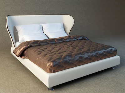 Modern Double Bed With White Upholstered Headboard And Brown Quilted Comforter 3d model