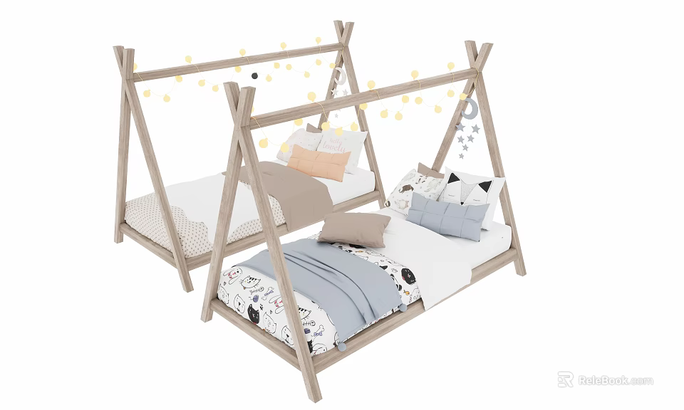 Kids Bed With Triangular Wooden Frame Soft Pillows And Decorative Elements For Cozy Children's Bedroom 3d model 