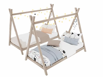 Kids Bed With Triangular Wooden Frame Soft Pillows And Decorative Elements For Cozy Children's Bedroom 3d model