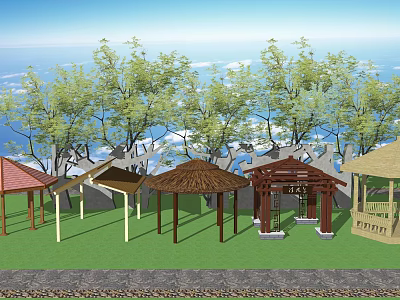 Various Outdoor Garden Pavilions With Different Roof Designs And Green Grass 3d model