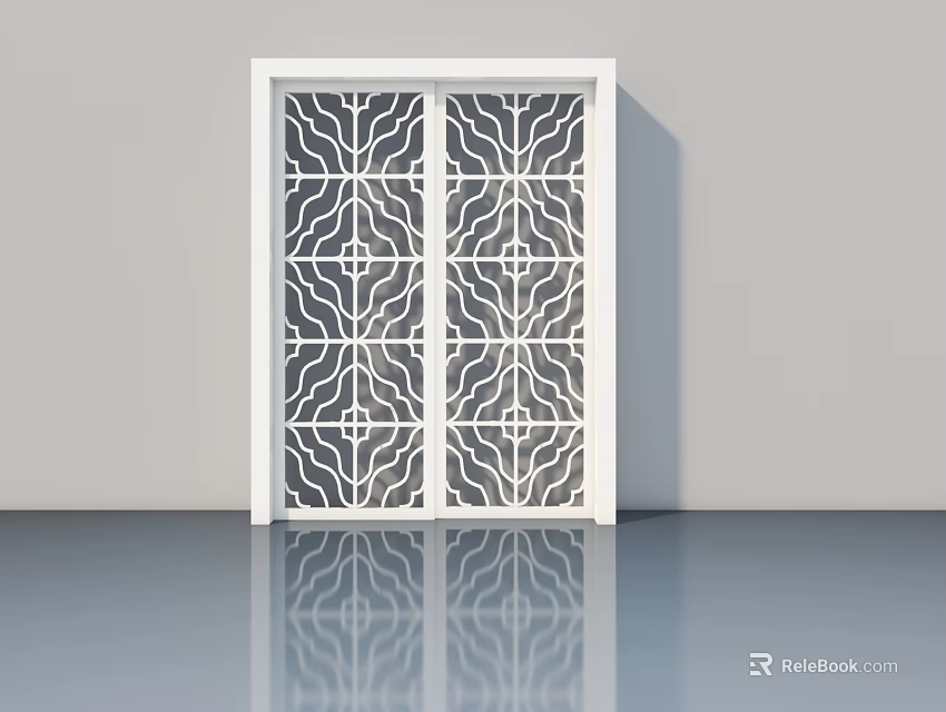 Modern Style Swing Door With White Frame And Geometric Hollow Design Pattern 3d model 
