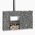 Natural Pebble Wall Fireplace Design With Metal Grate And Wood Logs