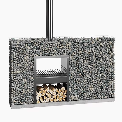 Natural Pebble Wall Fireplace Design With Metal Grate And Wood Logs 3d model