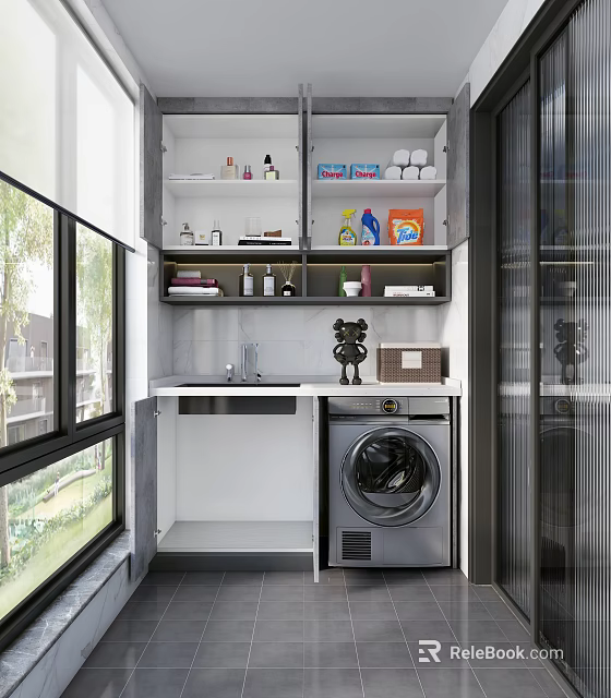 Modern Home Balcony Interior With Washing Machine Sink Storage Shelves And Large Windows 3d model 