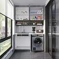 Modern Home Balcony Interior With Washing Machine Sink Storage Shelves And Large Windows