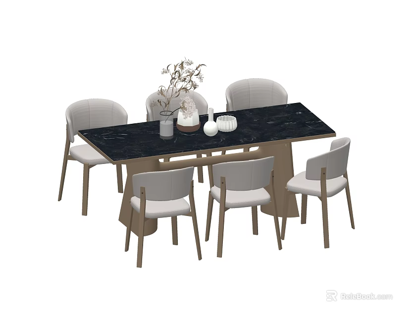Modern Dining Table Set With Black Marble Top Light Gray Chairs And Decorative Items 3d model