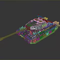 Teal Military Tank With Camouflage Pattern Long Cannon Yellow Components And Metal Tracks