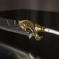 Ornate Decorative Sword With Carved Blade Golden Hilt And White Handle