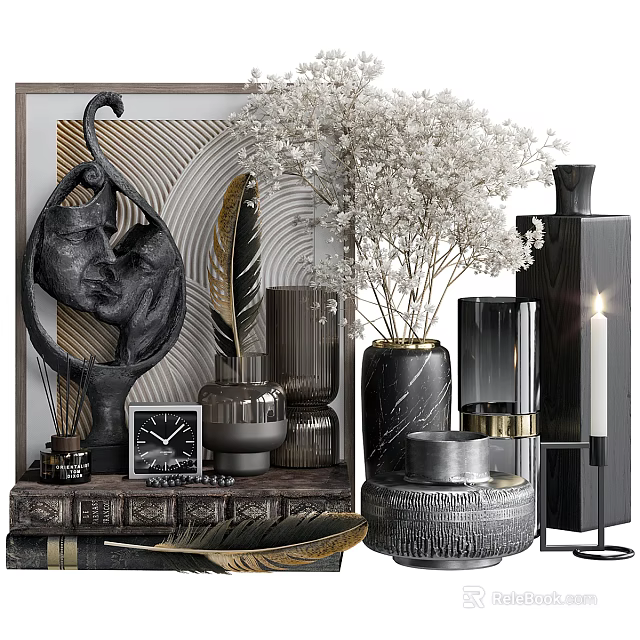Elegant Modern Decorative Ornament Set With Sculptural Figure Vases Dried Flowers Clock And Candle 3d model 