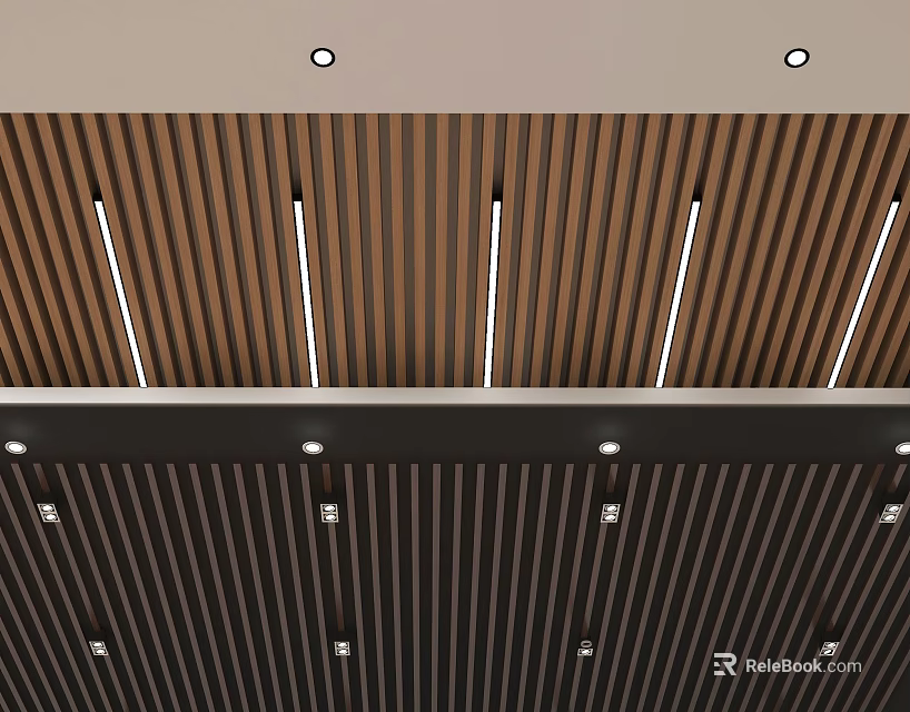 Modern Wooden Slat Ceiling Design With Recessed Lights And LED Strips 3d model 