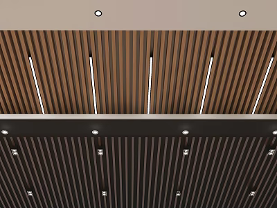 Modern Wooden Slat Ceiling Design With Recessed Lights And LED Strips 3d model