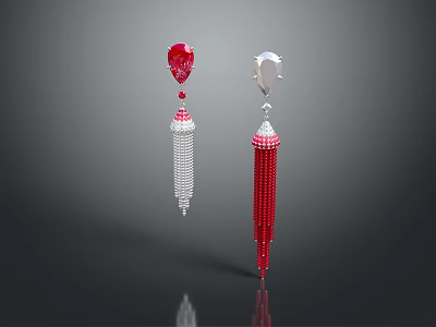 Fashionable Earrings With Red Gemstone Silver Top And White Red Tassel Design 3d model