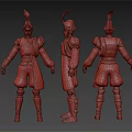 Three Angles of Warrior Character in Red and Silver Armor with Red Feather Helmet Render