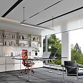 Modern Bright Office Interior Design With Glass Desk Wooden Bookshelf And Large Window