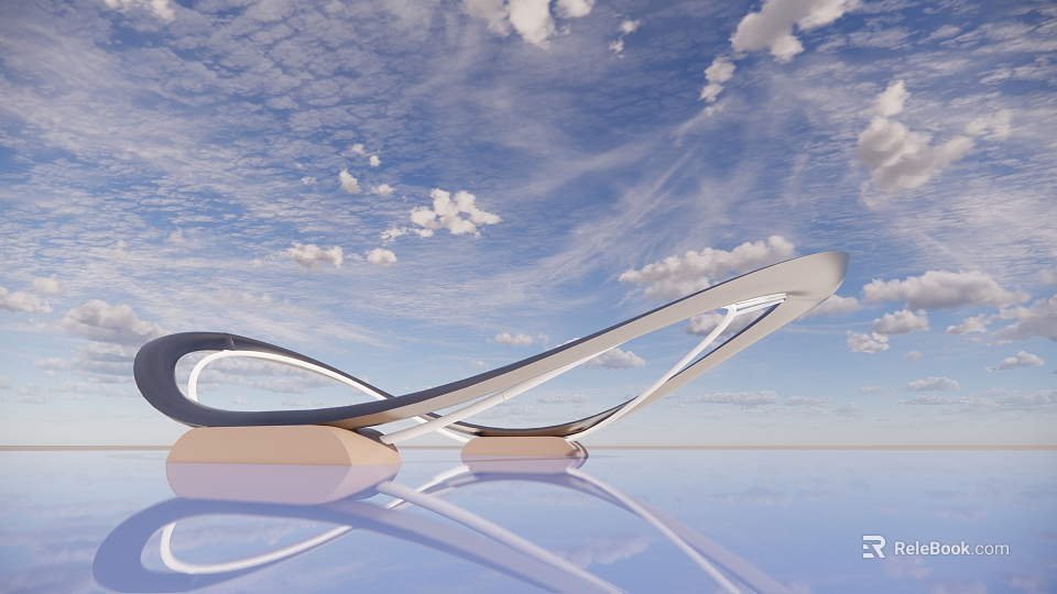 Modern Streamlined Sculpture With Curved Metallic Design Against Blue Sky And Water Reflection 3d model 
