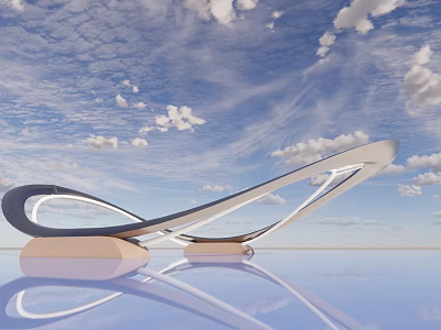 Modern Streamlined Sculpture With Curved Metallic Design Against Blue Sky And Water Reflection 3d model
