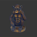 Wooden Monkey Statue Sitting With Hand On Chin And Muscular Torso On Base