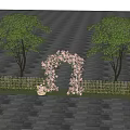 Commercial Equipment Pink Flower Arch With Green Trees Stone Path Flower Basket And Wooden Fence