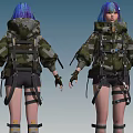Woman with blue hair in camouflage outfit wearing backpack shorts and boots