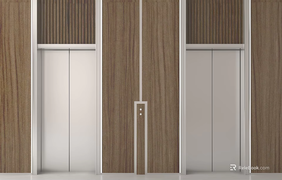 Modern Elevator Design With Wooden Panels Metal Frames Double Doors And Control Panel 3d model 